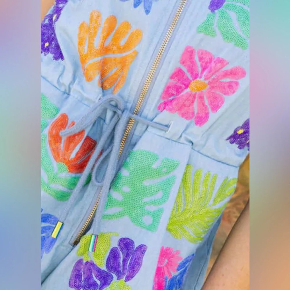 QOS Denim Flower Tile Zipper Romper - Picture 4 of 4